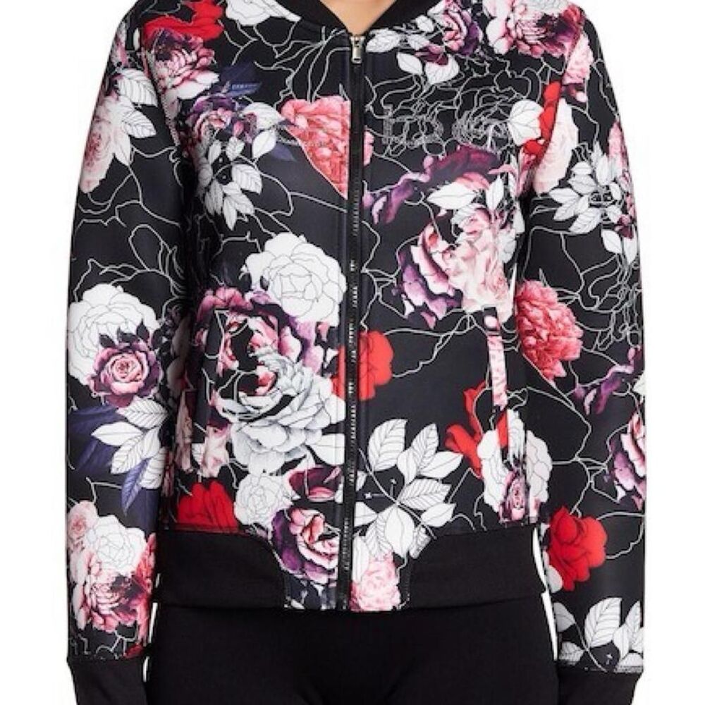 Bebe Women's Sport floral scuba bomber jacket with red, pink, & white roses on b